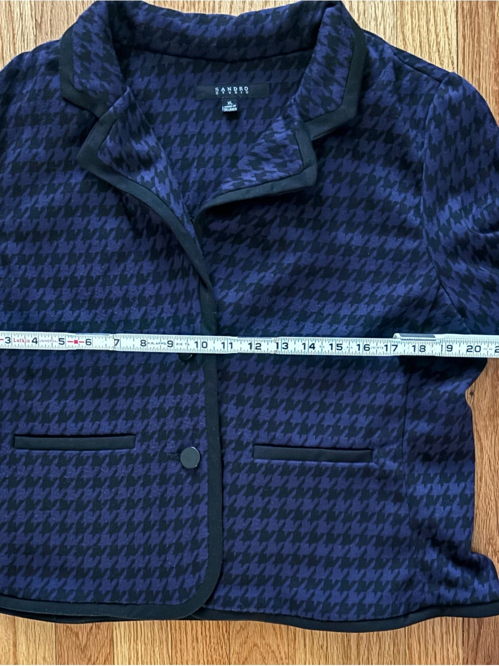 Sandro Paris Houndstooth Blazer Navy Blue Black Two Button Jacket Stretch XL - Picture 6 of 7